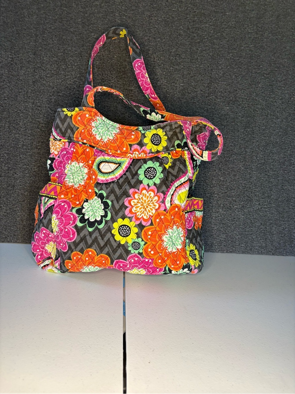 Vera Bradley Quilted Floral Shoulder Bag in Gray with Orange, Pink & Yellow